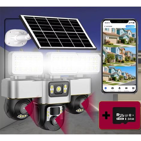 Caméra solaire 4G, rotative, caméra domestique, détection de mouvement, caméra extérieure, panneau batterie 15 W, 3 modes d'image (64 Go)