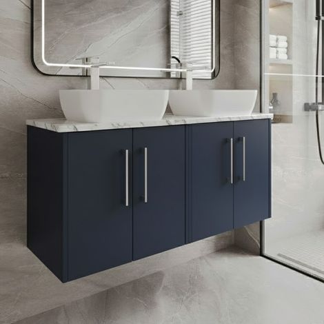 Hudson Reed Juno Wall Hung 4-Door Vanity Unit with Carrera Marble Worktop 1200mm Wide - Midnight Blue (1/4)