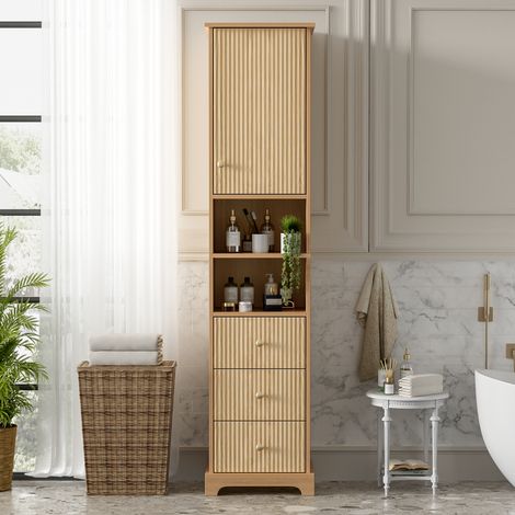 Meuble colonne de salle de bain 40 x 30 x 172 cm, panneau thermoformé PVC, motif à rayures verticales, trois tiroirs, un caisson, deux étagères ouvertes, étagères réglables, couleur bois naturel (1/5)