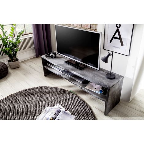 Meuble TV avec étagère en bois massif coloris gris - L145 x H45 x P40 cm -PEGANE-