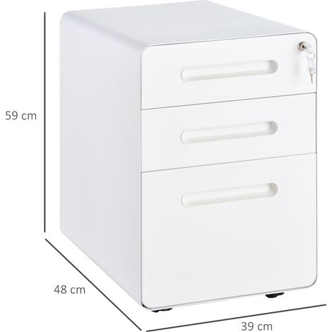 Meuble de bureau roulant à 3 tiroirs, colonne de rangement en acier blanc, dimensions 39x48x59 cm, idéal pour espace de travail. (1/5)