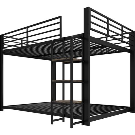 Litera de metal 140 x 200 cm con escalera de madera, negra (1/5)