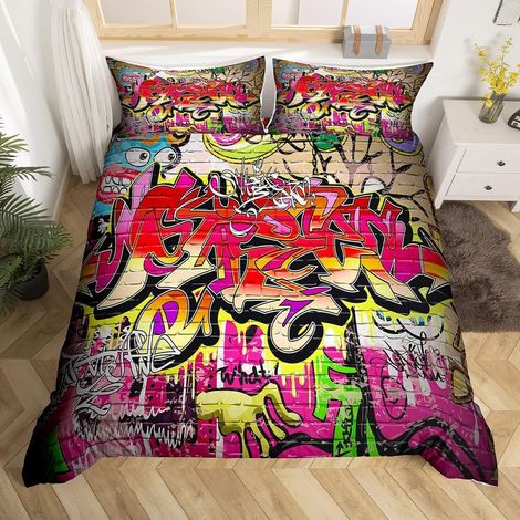 Parure de Lit 240 x 260 Enfant 2 Personnes, Ensemble Housse de Couette Graffiti Couleur Hip Hop pour Ado Garçon Fille, Ensemble de Literie Graffiti Street Art, Housse Couette Coloré - 240x260cm + 2 Ta (1/5)