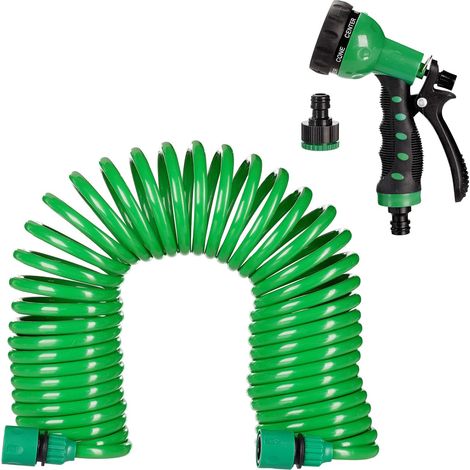 Tubo da giardino con testina irrigatrice, estensibile e flessibile fino a 15 m, a spirale, 7 tipi di getto, per irrigare (1/5)