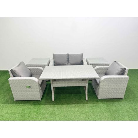 Fimous Light Grey PE Wicker Rattan Garden Furniture Set Sofa Set Reclining Chair Rectangular Dining Table 4 Seater With 2 Side Table (1/4)