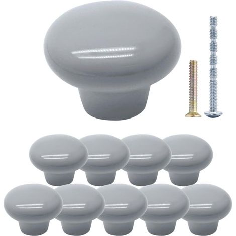 Ensemble de 10 boutons ronds en céramique gris clair — Convient pour les armoires, les garde-manger, les tiroirs, les placards et les meubles (1/5)