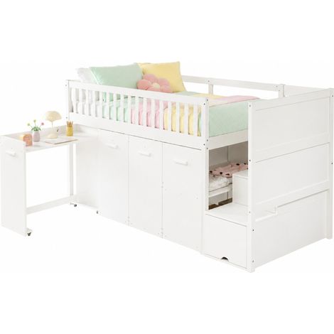 Lit superposé enfant 90x200 avec bureau coulissant, armoire, rangements intégrés, escalier avec 2 placards, sécurité 4 côtés, blanc, pin et MDF  CHICFURN (1/5)