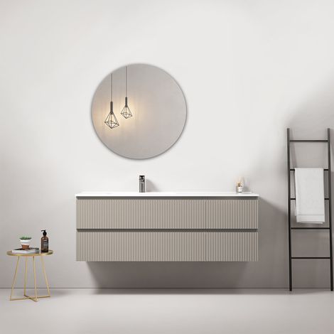 Mobile bagno sospeso cannettato 140 cm Grigio Cenere Lavabo a Sinistra in Resina Specchio Tondo - Fiji Paint (1/4)