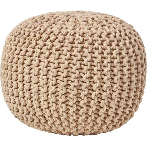 Homescapes – Pouf rond tressé en tricot 100% coton – Garnissage billes de polystyrène – H 35 cm x L 40 cm – Style moderne pour intérieur