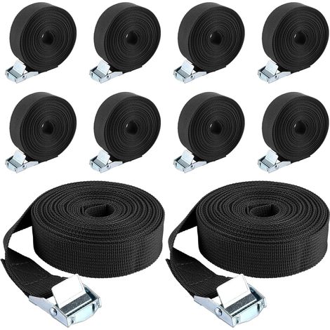 Lot de 10 sangles d'arrimage réglables de 5 m, 25 mm de large, avec boucle de serrage, sangle de fixation pour porte-vélos, jusqu'à 600 lbs pour voiture, vélo, moto, bagages, camping (1/5)