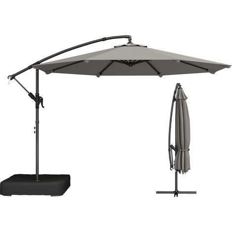 Parasol Déporté de Jardin 3 m avec Base Croisée. Sac de Sable. Parasol Banane Rotatif 360°. Gris
