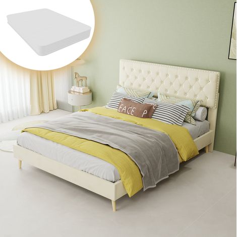 Bettgestell 140x200 cm beige aus Stoff und Metall mit gepolstertem Kopfteil, Stauraum und Matratze (1/5)