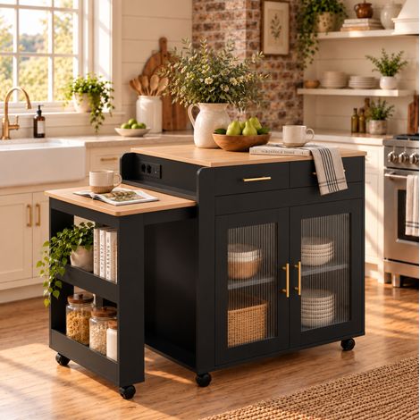 Isla de cocina móvil 177x60 cm de aglomerado negra extensible con puertos USB - CHICFURN (1/5)
