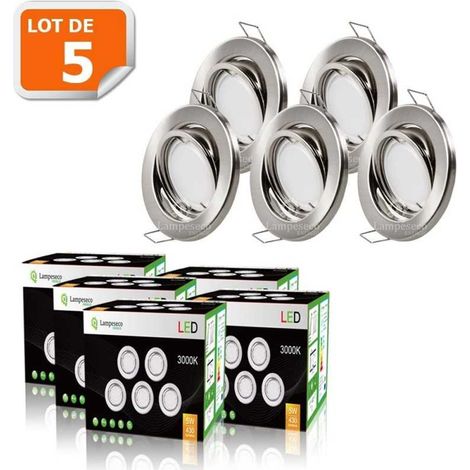 Lampesecoenergie – Lot de 5 spots encastrables orientables 5W – Alu brossé – Équivalent 50W halogène – Blanc chaud – Installation facile 75mm (1/8)