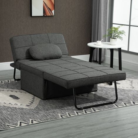 Gris - Lit tabouret 4-en-1, fauteuil réglable 5 positions avec coussin, tissu lin et métal, salon et petit espace (1/4)