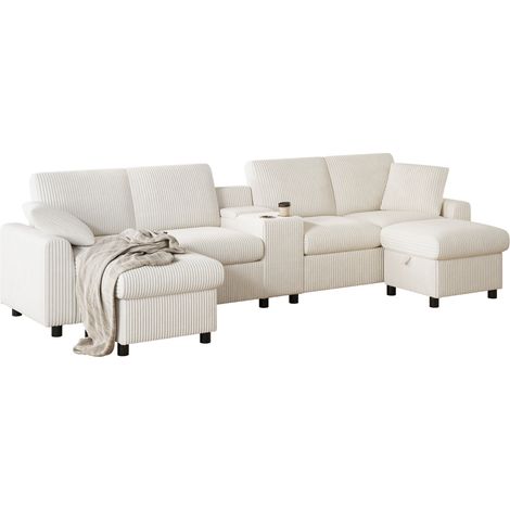 Divano modulare U in velluto beige con 2 pouf contenitore, presa e USB (1/5)