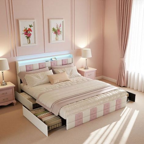 Cama doble 140x200 cm, Cama 140x200 cm, Cama para adultos 140x200 con 4 cajones y somier, Luz LED y USB, Tejido de terciopelo, Rosa (1/5)
