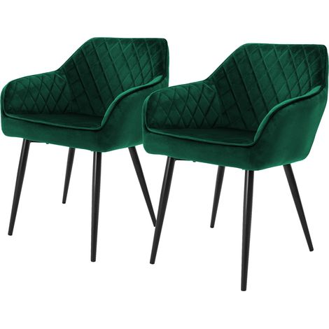 ML-Design Set 2x Sillas de Comedor Verde Oscuro Estilo Moderno Asiento Tapizado Aspecto de Terciopelo Patas de Metal Negras con Respaldo y Apoyabrazos Sillón Moderno de Salón Oficina Dormitorio Cocina (1/5)