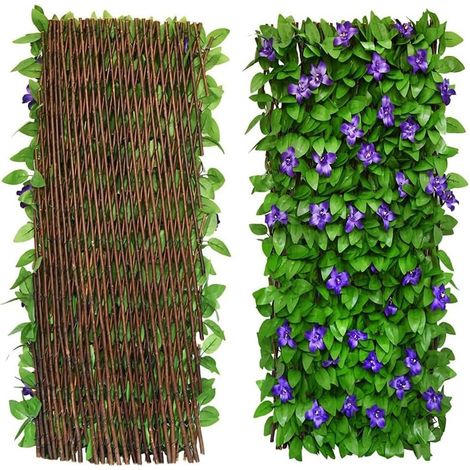 Lot de 2 brise-vue extensibles pour balcon, terrasse, extérieur, clôture décorative en faux lierre, haies artificielles, 30 x 200 cm, étendue (fleurs violettes) (1/5)