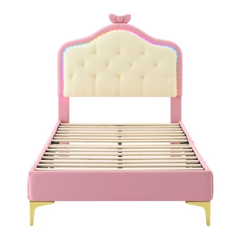 Lit capitonné 90×200 cm, LED multicolore, PU rose, sommier bois