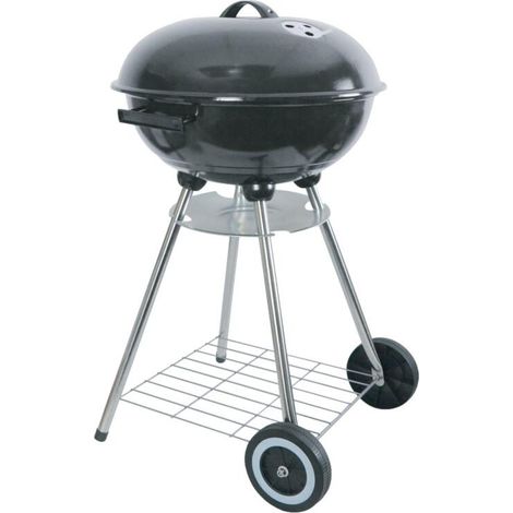 Emaille-Kugelgrill schwarz grillen ø45cm H82cm mit Rollen und 2 Ablagen Wagen