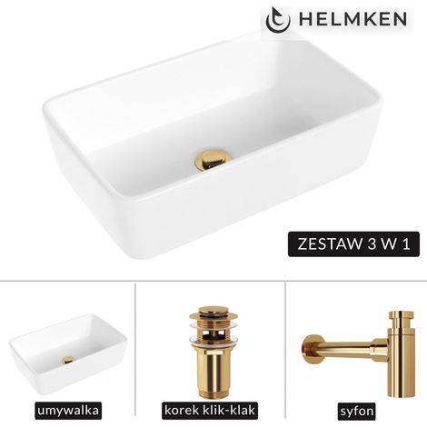 Lavabo de encimera Helmken 67448000 (48 x 29,5) Blanco + Sifón dorado + Tapón de clic dorado (1/5)