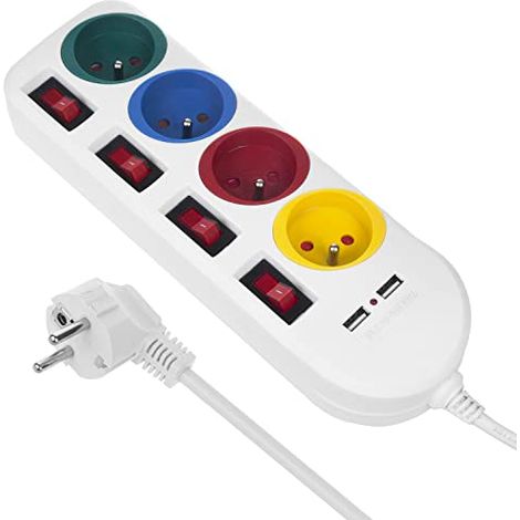MACLEAN MCE229 W BLOC MULTIPRISES RALLONGE 4 PRISES + 2X USB AVEC INTERRUPTEURS 250VAC/10A, 2.1A 5V, 1.5M BLANC (1/5)