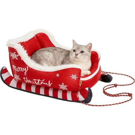 Lits traîneaux pour animaux de compagnie (chiens et chats) thème Noël, nid isolé festive pour chiens et chats, adapté pour les nuits froides d'hiver, repos en intérieur - Taille M (1/4)