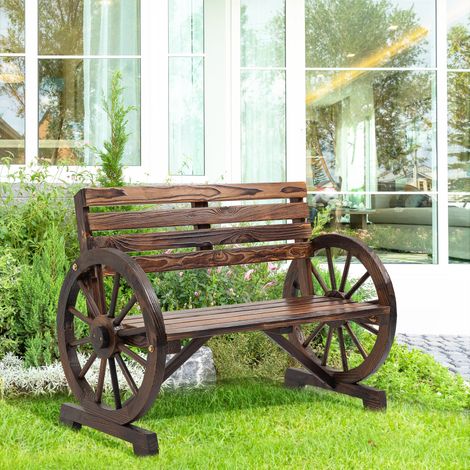 Panchina da giardino, design a ruota di carro, per 2 persone, legno naturale, marrone scuro, 105,5 x 56 x 79 cm