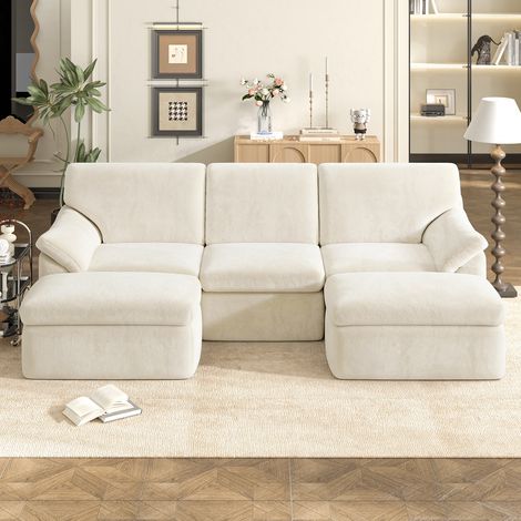 Rattantree – Sofá modular de esquina de 3 plazas – Tapizado de pana – Acolchado 100 % de espuma de alta densidad – Con reposapiés extraíble – Diseño ergonómico – 240 x 140 x 65 cm – Beige (1/5)
