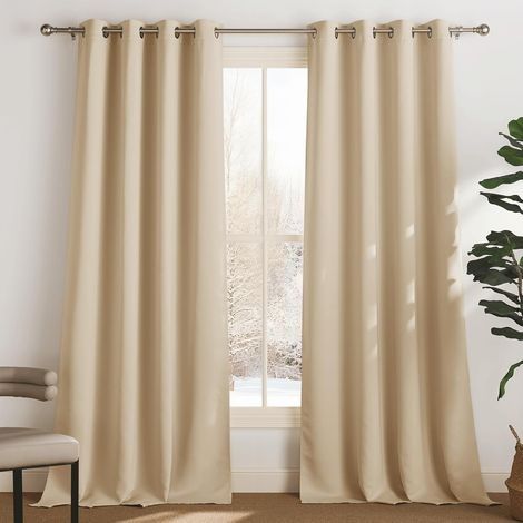 Lot de 2 rideaux occultants thermiques 132x92 cm – Isolation thermique et phonique – Oeillets ronds – Décoration chambre et salon – Jaune beige (1/5)
