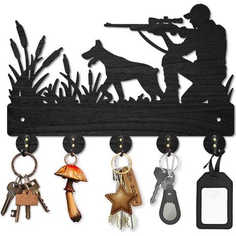 Porte-manteau mural en bois de roseau motif lévrier - Crochets porte-clés muraux noirs 30 x 20 cm avec 5 crochets en alliage - Décoration murale - Idéal pour un cadeau, une entrée, une cuisine ou tout (1/5)