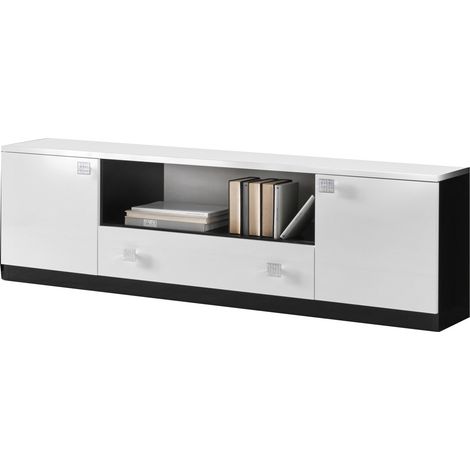 Meuble TV bois blanc et noir vernis laqué brillant Bilia 165cm (1/2)