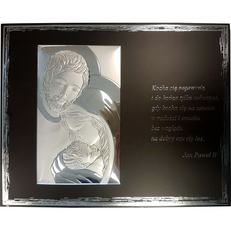 Quadro moderno in argento raffigurante la Sacra Famiglia con una citazione di Giovanni Paolo II 25x20 Dimensioni: 25x20 cm Codice articolo: VL823/S