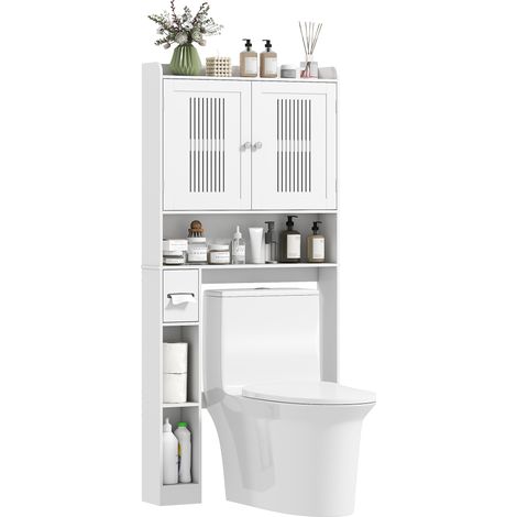 HOMCOM estantería sobre inodoro con estante ajustable 2 puertas soporte para papel higiénico y estantes abiertos ahorra espacio para baño blanco (1/5)