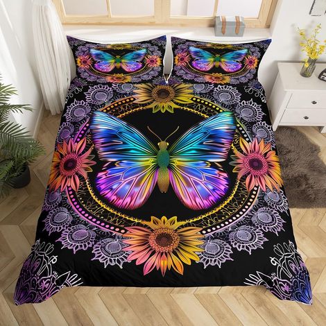 Housse de Couette Papillon Bohème, Parure de Lit 220x240 Adulte Hippie Mandala, Sets de Housses de Couettes Tournesol Dégradé, Couvre Lit À Fleurs Violettes Florale Bohémienne, Noir - 220x240cm + 2 Ta (1/5)