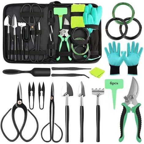 Ensemble Bonsaï 24 Pièces - Kit d'Outils pour Débutant - Machette, Sac, Truelle, Mini Râteau, Pelle et Gants