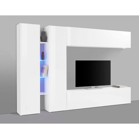 Parete Attrezzata Moderna per Soggiorno 280x30x180cm - ECHO - Colore: bianco laccato lucido