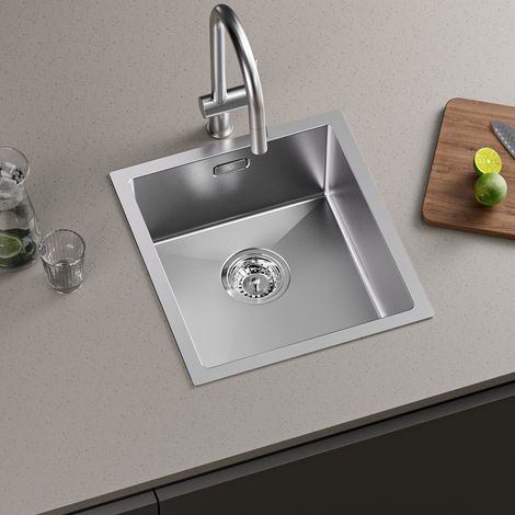 CECIPA MAX Lavello da cucina in acciaio inox 40 x 44 cm, lavello da incasso fatto a mano, con piletta e troppo pieno - 3 tipi di installazione, spazzolato (1/5)