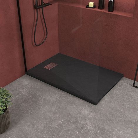 Plato Ducha Negro Efecto Piedra 90x140cm y Rejilla patrón Lineal Inox