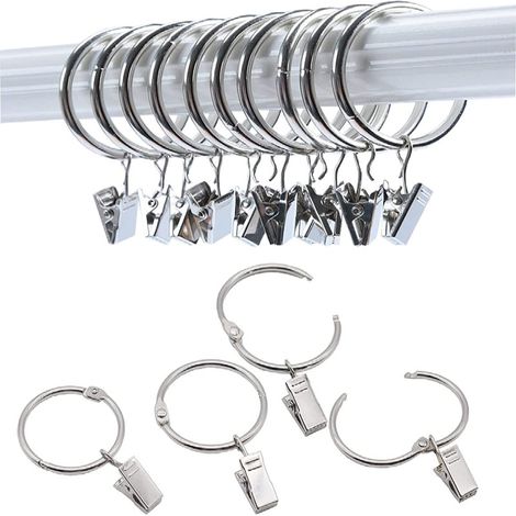 30 anillas para cortinas con clips metálicos, resistentes y antioxidantes, para barras de cortina, color plateado.