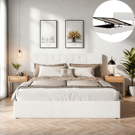 Lit coffre 140x190cm avec ports USB, rangement hydraulique, Lit adulte capitonné 140x190cm avec tête de lit réglable et sommier à lattes en bois, Velours, Blanc crème (1/5)