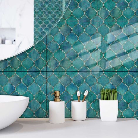 6 Pieces Dark Green Fish Scales (15 x 15 cm) - Self Adhesive Tiles for Kitchen, Living Room, Bathroom and Home Decor PVC (1/5)