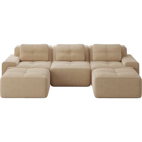 ELVMI Sofá modular en U 3 plazas con reposabrazos anchos y base antideslizante en pana beige (1/5)
