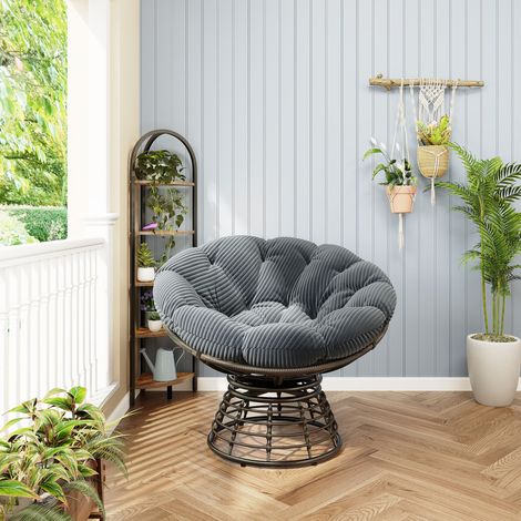 Chaise Papasan osier pivotante 360° coussin gris velours côtelé cadre marron, usage intérieur extérieur quotidien