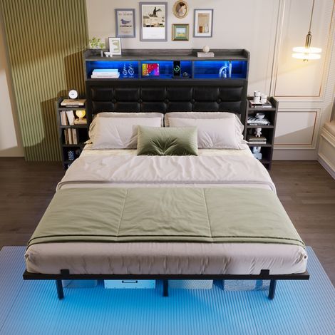 Cama de 140 x 200 cm - cama doble con iluminación LED y somier - cabecero con mesitas de noche deslizantes y compartimentos - cargador de móvil - gris