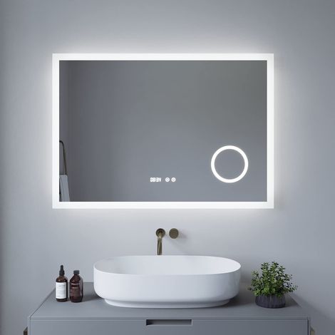 Badspiegel mit LED Beleuchtung Licht und Uhr 100x70cm ECHOS Typ D Kosmetikspiegel Digital Uhr Touch Sensor Dimmbar Spiegelheizung Kaltweiß 6400K (1/5)