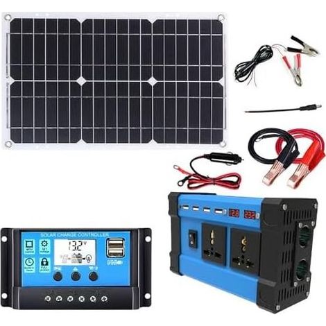 Enlenk – Kit solaire autonome 6000W – Panneau 18W 18V avec contrôleur 12V 30A – 4 ports USB – Écran LED – Charge rapide pour appareils mobiles