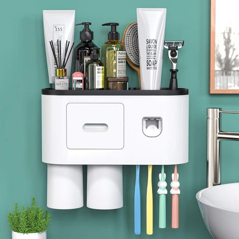 Porte-brosses à dents mural, distributeur automatique de dentifrice avec presse-tube - Support magnétique pour salle de bain et coiffeuse, 4 emplacements pour brosses, 2 gobelets, 1 tiroir à cosmétiqu (1/5)