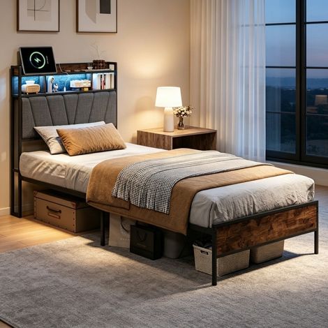Lit 90x200,lit simple 90x200 avec sommier à lattes,LED,USB,lit adulte,lit 1 personne,tissu en lin,Gris (1/5)
